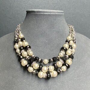 WHBM Necklace 24 In Silver Triple Strand Pearl Black Bead Rhinestone Bling Glam